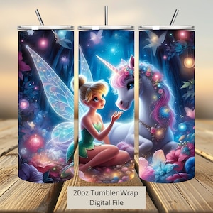 3D Tinkerbell en Unicorn Tumbler Wrap, Princess Tumbler Wrap Sublimatie Design PNG, 20oz Skinny Straight & Taps toelopende Unicorn Tumbler Wrap