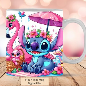 3D Cute Stitch Summer Mug Wrap, 3D Stitch Flamingo Mug Wrap Sublimation Design PNG, Mug 11oz and 15oz Stitch Mug Wrap, Instant Digital files
