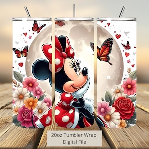 3D süße Minnie Blumen Tumbler Wrap, Minnie Butterfly Tumbler Wrap Sublimation Design PNG, 20oz Skinny Straight & Tapered Mouse Tumbler Wrap