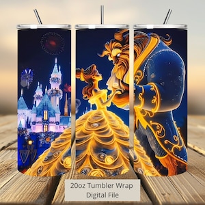 3D Belle und Biest Schloss Neon Tumbler Wrap, Prinzessin Tumbler Wrap Sublimation Design, PNG 20oz Skinny Straight & Tapered Belle Tumbler Wrap