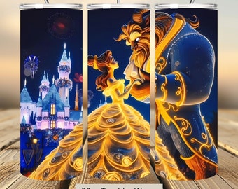 3D Belle and Beast Castle Neon Tumbler Wrap, Princess Tumbler Wrap Sublimation Design, PNG 20oz Skinny Straight & Tapered Belle Tumbler Wrap