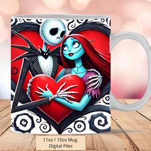 3D Love Jack and Sally Heart Mug Wrap, 3D Xmas Mug Wrap Sublimation Design PNG, Mug 11oz and 15oz Sally Mug Wrap, Instant Digital files PNG