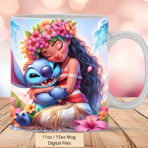 3D Moana Love Stitch Mug Wrap, 3D Princess Mug Wrap Sublimation Design PNG, Mug 11oz and 15oz Moana Mug Wrap, Instant Digital PNG Download