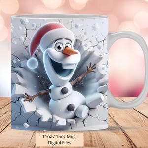 Involucro per tazza 3D Olaf con foro incrinato di Natale, involucro per tazza 3D design sublimato PNG, involucro per tazza Frozen da 11 once e 15 once per tazza Olaf, PNG digitale istantaneo