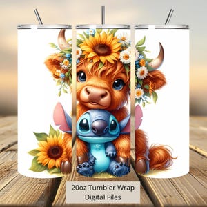 Envoltura de vaso de vaca de las tierras altas 3D y girasoles de puntada, vaso de 20 oz, envoltura de vaso de puntada, diseño de vaca png, sublimación de vaso, archivo digital png