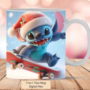 3D Cute Stitch Christmas Snow Skate Mug Wrap, 3D Xmas Mug Wrap Sublimation Design PNG, Mug 11oz and 15oz Stitch Mug Wrap, Digital PNG