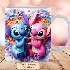 3D Stitch and Angel Love Mug Wrap, 3D Angel Mug Wrap Sublimation Design PNG, Tasse 11oz und 15oz Stitch Mug Wrap, Digitale Dateien herunterladen