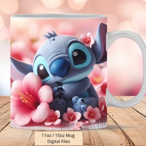 3D Cute Stitch Pink Flower Mug Wrap, 3D Mug Wrap Sublimation Design PNG, Mug 11oz and 15oz Love Stitch Mug Wrap