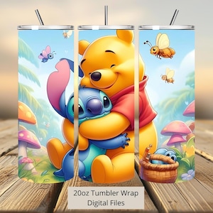 Envoltura de vaso de Winnie Pooh y puntada 3D, diseño de sublimación de envoltura de vaso de puntada PNG, envoltura de vaso de Winnie Pooh delgada recta y cónica de 20 oz
