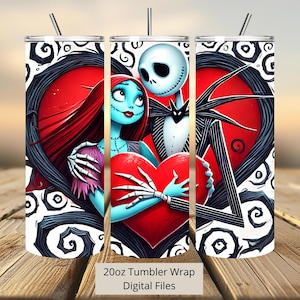 3D Sally en Jack Hart Valentijn Tumbler Wrap, Jack Tumbler Wrap Sublimatie Ontwerp PNG, 20oz Skinny Rechte & Taps Toelopende Sally Tumbler Wrap
