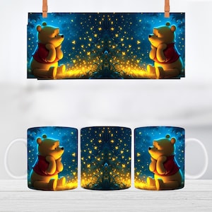 May include: Two white ceramic mugs with a Winnie the Pooh design. The mugs feature a blue background with yellow stars and a depiction of Winnie the Pooh sitting with a thoughtful expression.
