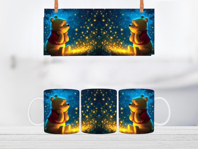 May include: Two white ceramic mugs with a Winnie the Pooh design. The mugs feature a blue background with yellow stars and a depiction of Winnie the Pooh sitting with a thoughtful expression.