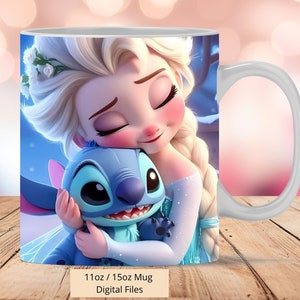 3D Princess Elsa and Stitch Mug Wrap, 3D Mug Wrap Sublimation Design PNG, Mug 11oz and 15oz Frozen Mug Wrap, Instant Digital Download Png