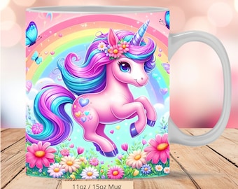 May include: A white ceramic mug with a colorful design featuring a pink unicorn with a rainbow, flowers, and hearts. The mug is 11 oz or 15 oz. Digital files.
