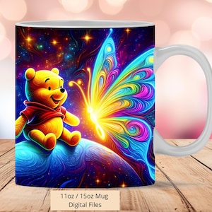 May include: A white ceramic mug with a colorful design featuring Winnie the Pooh and a butterfly. The background is a galaxy with stars and a blue planet. The mug is 11oz or 15oz. Digital files.