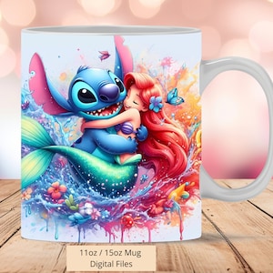 3D Nermaid Stitch Mug Wrap, 3D Stitch Mug Wrap Sublimation Design PNG, Mug 11oz and 15oz Ariel Mug Wrap