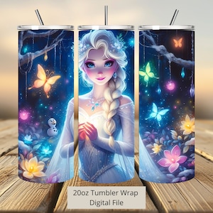 3D süße Elsa Schmetterlinge Tumbler Wrap, Frozen Tumbler Wrap Sublimation Design PNG, 20oz Skinny Straight & Tapered Princess Tumbler Wrap
