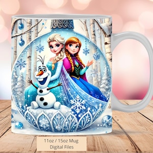 3D carino Elsa, Anna e Olaf Frozen Crystal Mug Wrap, 3D Anna Mug Wrap Sublimation Design PNG, Elsa Mug 11oz e 15oz Mug Wrap, File digitali