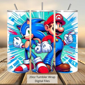3D Sonic en Super Mario Splash Tumbler Wrap, Sonic Tumbler Wrap Sublimatie Ontwerp PNG, 20oz Skinny Rechte & Taps Toelopende Mario Tumbler Wrap