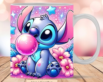 3D Cute Stitch Bubble Flowers Mug Wrap, 3D Mug Wrap Sublimation Design PNG, Mug 11oz and 15oz Stitch Mug Wrap, Only Digital Files