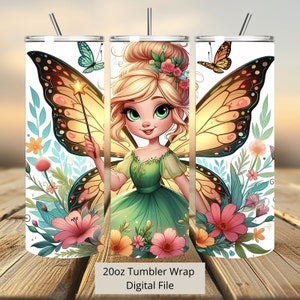 3D Cute Fairy Tinkerbell Tumbler Wrap, Princess Tumbler Wrap Sublimation Design PNG, 20oz Skinny Straight & Tapered Tinkerbell Tumbler Wrap
