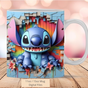 3D Cute Stitch Cracked Hole Mug Wrap, 3D Mug Wrap Sublimation Design PNG, Mug 11oz and 15oz Stitch Colorful, Mug Wrap, Only Digital Files