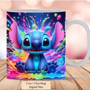 3D Cute Stitch Colorful Splash Mug Wrap, 3D Mug Wrap Sublimation Design PNG, Mug 11oz and 15oz Stitch Neon Mug Wrap, Only Digital Files