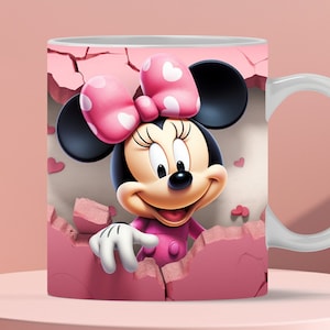 3D Mouse Mug Wrap, 3D Cracked Hole Pink Mouse Mug Wrap Sublimation Design PNG, 3D Hearts 11oz and 15oz Valentine Mug Wrap