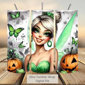 Envoltura de vaso de Halloween de Campanilla de hadas 3D, diseño de sublimación de envoltura de vaso de princesa PNG, envoltura de vaso de hadas recta y cónica delgada de 20 oz