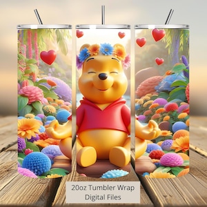 3D Winnie Pooh Zen Hearts Tumbler Wrap, Winnie Pooh Tumbler Wrap Sublimation Design PNG, 20oz Skinny Straight & Tapered Pooh Tumbler Wrap