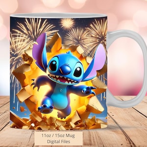 3D Cute Stitch Cracked Hole Gold Shine Mug Wrap, 3D Mug Wrap Sublimation Design PNG, Mug 11oz and 15oz Stitch Neon Mug Wrap, Digital Files