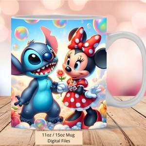3D Minnie and Stitch Flowers and Bubbles Mug Wrap, 3D Minnie Mug Wrap Sublimation Design PNG, Mug 11oz and 15oz Stitch Mug Wrap