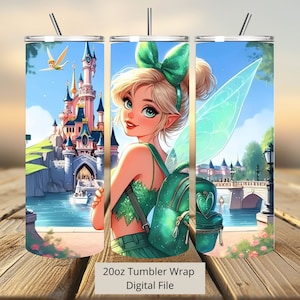 3D Cute Fairy Tink Castle Tumbler Wrap, Princess Tumbler Wrap Sublimation Design PNG, 20oz Skinny Straight & Tapered Tinkerbell Tumbler Wrap