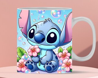 3D Cute Stitch Flowers and Bubbles Mug Wrap, 3D Mug Wrap Sublimation Design PNG, Tasse 11oz und 15oz Stitch Mug Wrap