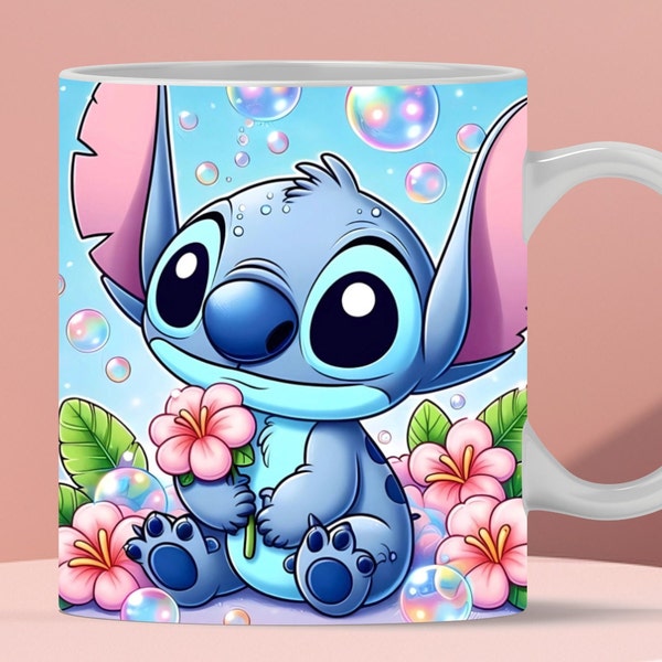 3D Cute Stitch Flowers and Bubbles Mug Wrap, 3D Mug Wrap Sublimation Design PNG, Tasse 11oz und 15oz Stitch Mug Wrap, nur digitale Dateien