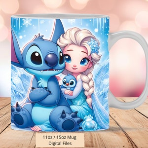Tazza da neve 3D Princess Elsa e Stitch, tazza da sublimazione 3D Stitch PNG, tazza da 11oz e 15oz Frozen