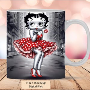 May include: A white ceramic mug featuring a cartoon illustration of a woman in a red polka dot dress and red heels, blowing a kiss. The background is a black and white city scene. The mug has a white handle and the text "11oz / 15oz Mug Digital Files".