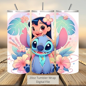 3D Lilo en Stitch Flowers Tumbler Wrap, Stitch Tumbler Wrap Sublimatie Design PNG, 20oz Skinny Straight & Taps toelopende Lilo Tumbler Wrap