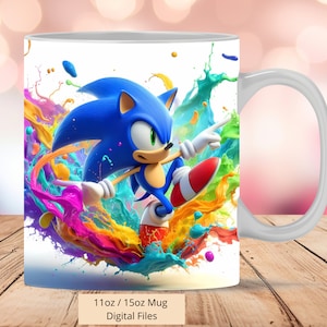 Tazza colorata con schizzi di Sonic 3D carina, tazza con sublimazione Sonic 3D PNG, tazza da 11oz e 15oz Sonic, download digitale