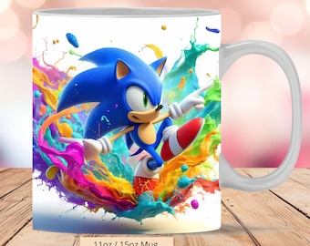 3D Cute Sonic Colorful Splash Mug Wrap, 3D Sonic Mug Wrap Sublimation Design PNG, Mug 11oz and 15oz Sonic Mug Wrap, Digital Download