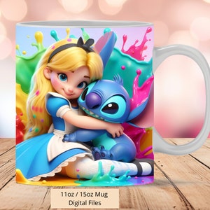 3D Princess Alice and Stitch Mug Wrap, 3D Stitch Mug Wrap Sublimation Design PNG, Mug 11oz and 15oz Alice in Wonderland Mug Wrap