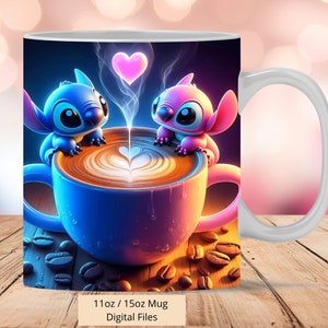 3D Love Stitch und Engel Kaffeetasse Wrap, 3D Stitch Mug Wrap Sublimation Design PNG, Tasse 11oz und 15oz Stitch Mug Wrap, Nur digitale Dateien