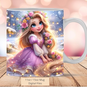 3D schattige prinses Rapunzel bloemen sneeuw glans mok wrap, 3D Rapunzel mok wrap sublimatie ontwerp PNG, mok 11oz en 15oz prinses mok wrap