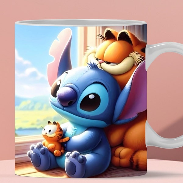 3D Stitch and Garfield Mug Wrap, 3D Stitch Mug Wrap Sublimation Design PNG, Mug 11oz and 15oz Garfield Mug Wrap