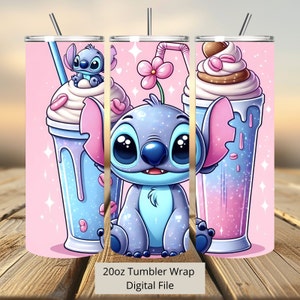 3D schattige Stitch Milk Shake Tumbler Wrap, Stitch Tumbler Wrap Sublimatie Ontwerp PNG, 20oz Skinny Rechte & Taps Toelopende Stitch Tumbler Wrap