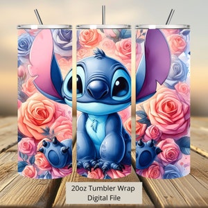 3D Stitch Blumen Hintergrund Tumbler Wrap, Stitch Tumbler Wrap Sublimation Design PNG, 20oz Skinny Straight & Tapered Stitch Tumbler Wrap