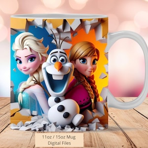 Involucro per tazza 3D Elsa, Anna e Olaf con foro rotto, design a sublimazione per involucro per tazza congelata 3D PNG, involucro per tazza da 11 once e 15 once, download di file digitali