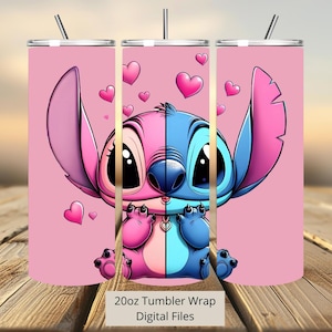 3D Love Angel and Stitch Hearts Tumbler Wrap, Angel Tumbler Wrap Sublimation Design PNG, 20oz Skinny Straight & Tapered Stitch Tumbler Wrap