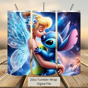 3D Tinkerbell en Stitch Tumbler Wrap, Princess Tumbler Wrap Sublimatie Design PNG, 20oz Skinny Straight & Taps toelopende Stitch Tumbler Wrap