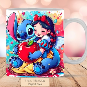 3D Cute Princess Stitch Mug Wrap, 3D Stitch Mug Wrap Sublimation Design PNG, Mug 11oz and 15oz White Snow Mug Wrap